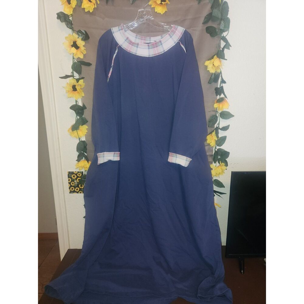 Comfort Choice Nightgown Lounger Dress Navy Blue Plaid Trim Pockets Plus Size 5X